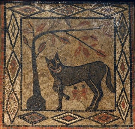 Mosaic depicting the She-wolf with Romulus and Remus, from Aldborough, about 300-400 AD, Leeds City Museum