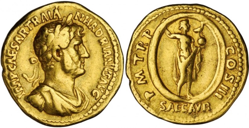 HADRIAN, Gold Aureus (7.09 gms), Rome Mint, 121 AD.