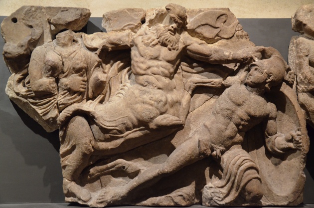 The Bassai sculptures, marble block from the frieze of the Temple of Apollo Epikourios at Bassae (Greece), Lapiths fight Centaurs, about 420-400 BC, British Museum
