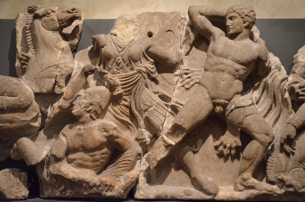 The Bassai sculptures, marble block from the frieze of the Temple of Apollo Epikourios at Bassae (Greece), Greeks fight Amazons, about 420-400 BC, British Museum