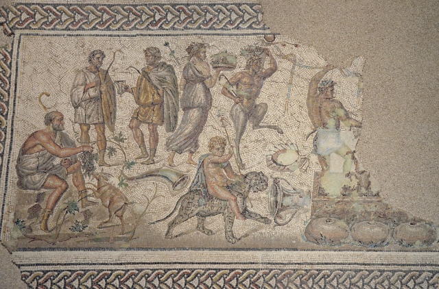 Bacchic mosaic depicting scenes of the myth according to which Bacchus donated to mankind the secrets of the cultivation of grapes and winemanking, second half of the 2nd century AD or early 3rd century AD, Museo Histórico Municipal de Écija