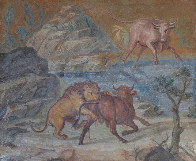 Mosaic depicting a rocky landscape with a lion attacking bull.